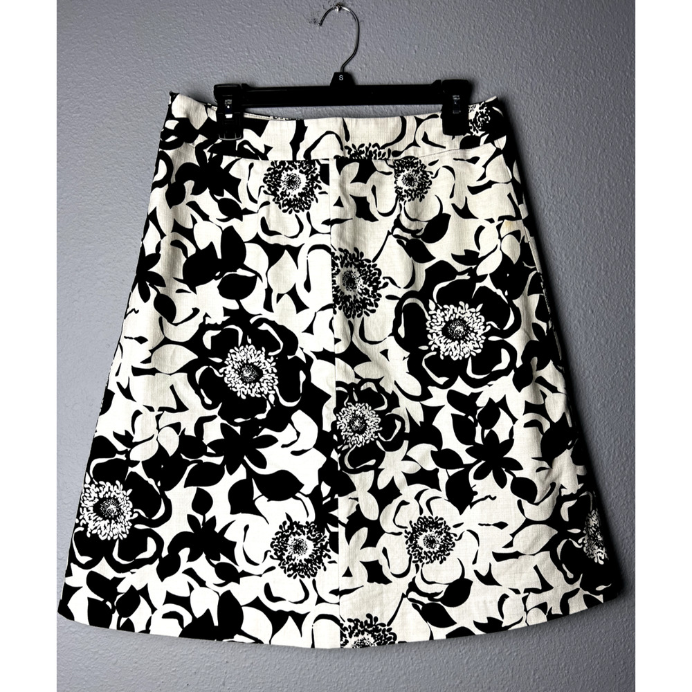 Merona Size 6 A Line Skirt Black & White Floral Knee Length Pockets Lined Retro